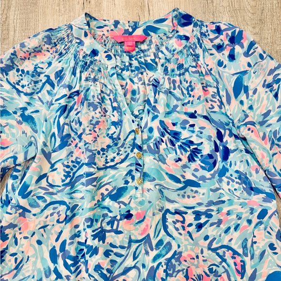 Lily Pulitzer Elsa Silk Blouse Blue & Pink Waves Small - Picture 6 of 9